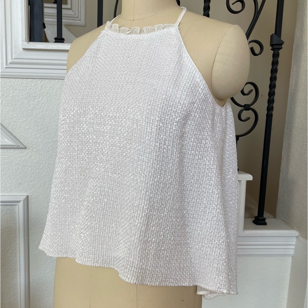 ZARA NWOT SpARKLE!  white ruffle  sequin halter chiffon lined  top Medium